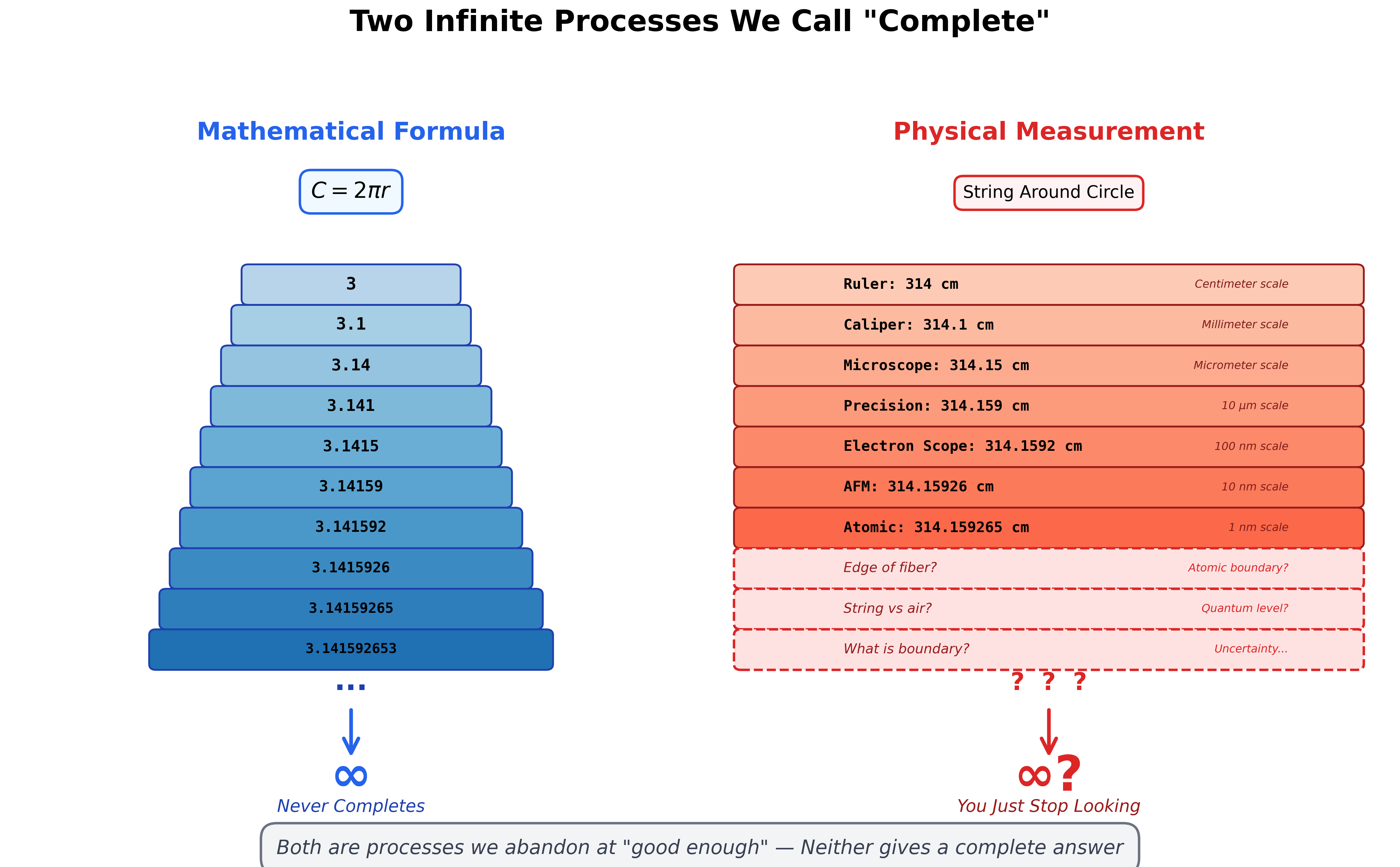 Split image showing two parallel infinite processes: formula calculation and physical measurement