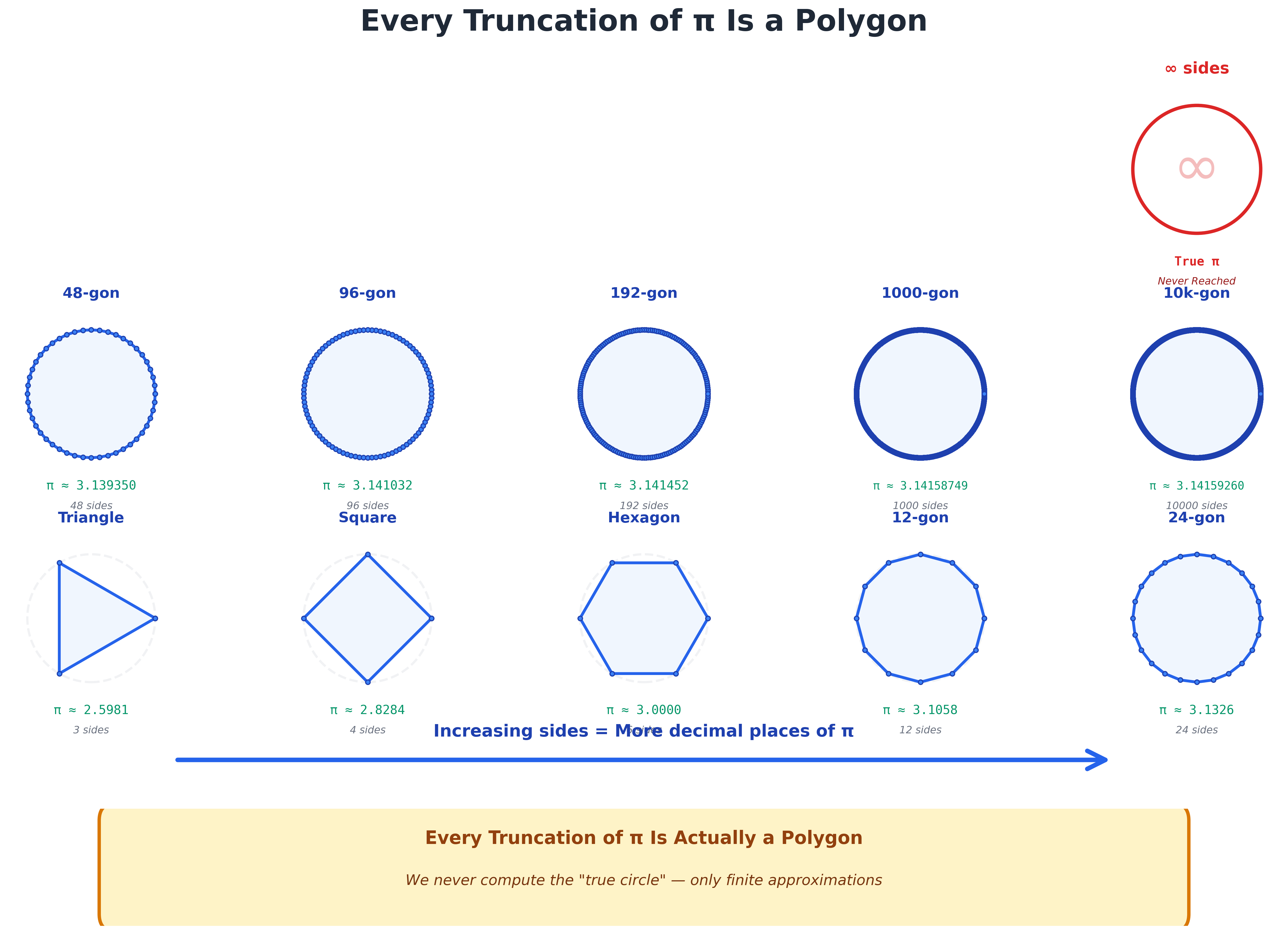 Progressive sequence showing increasing polygon approximations of a circle